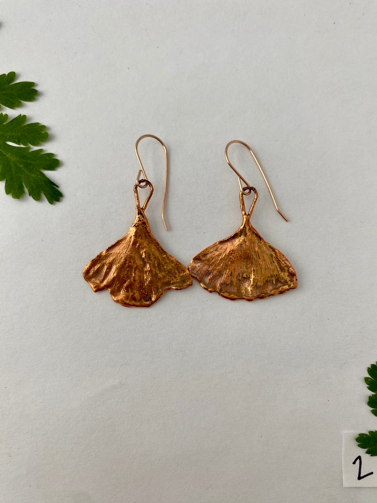 Recycled copper electroplated ginkgo leaf earrings 14 karat rose gold made in usa simple wealth art