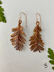 recycled copper electroformed redwood leaf 14 karat gold earrings simple wealth art made in usa