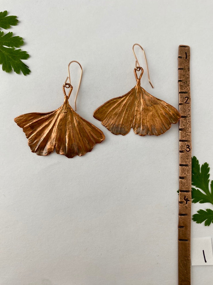 Recycled copper electroplated ginkgo leaf earrings 14 karat rose gold made in usa simple wealth art