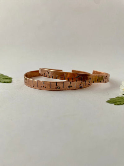 hand stamped ruler recycled copper cuff simple wealth art made in usa standard metric system