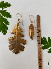 Recycled copper oak electroplated leaf and real acorn earrings 14 karat gold earwire simple wealth art made in usa