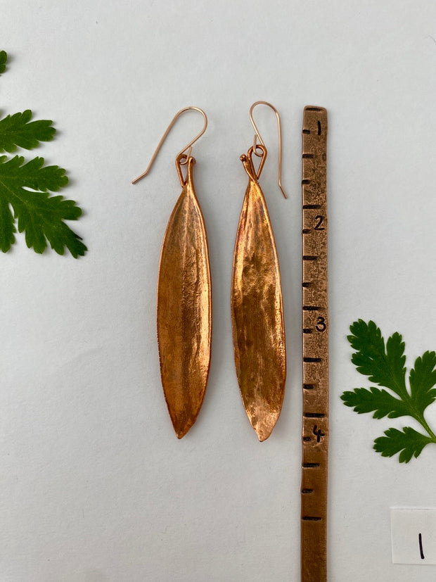 recycled copper electroplated real paper bark eucalyptus earrings leaves 14 karat rose gold made in usa simple wealth art