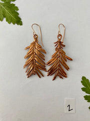 recycled copper electroformed redwood leaf 14 karat gold earrings simple wealth art made in usa