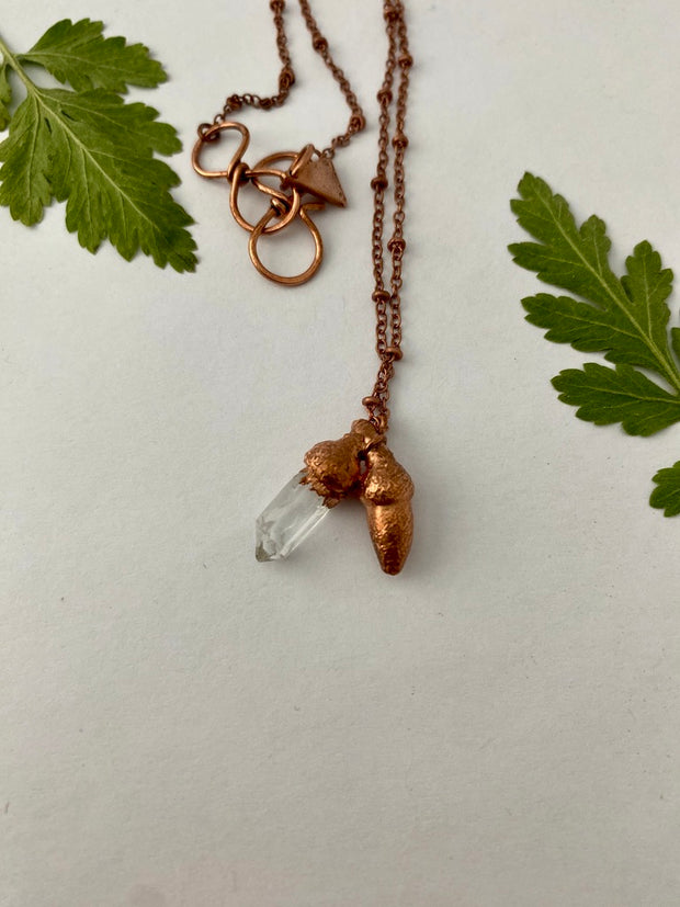 Recycled copper quartz crystal acorn electroplated real acorn necklace simple wealth art recycled copper