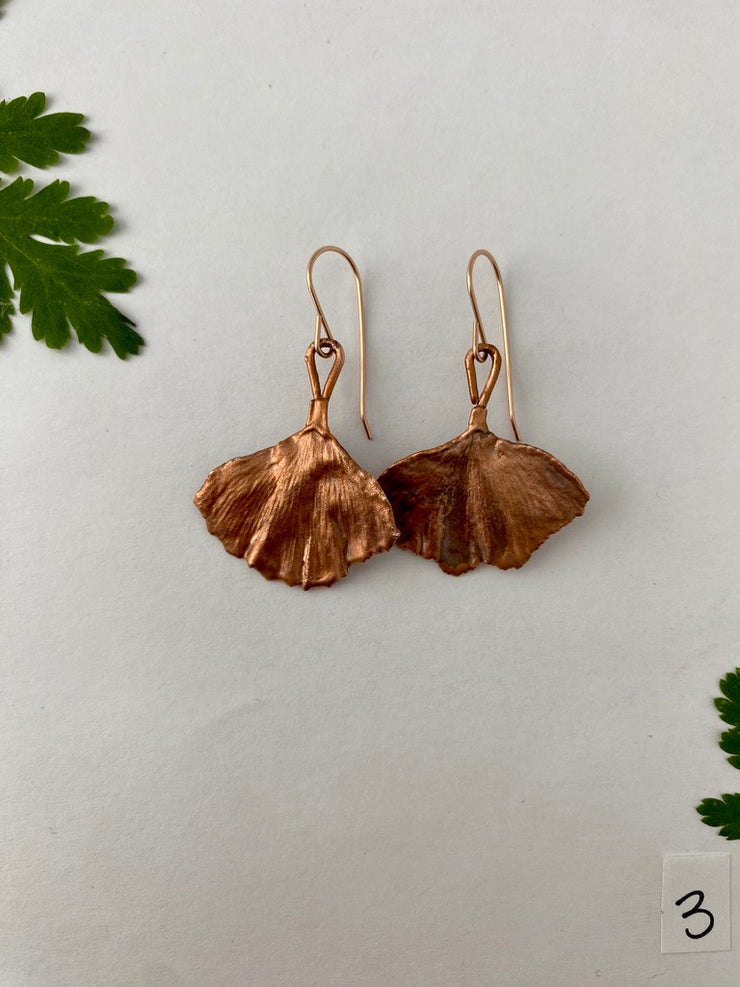 Recycled copper electroplated ginkgo leaf earrings 14 karat rose gold made in usa simple wealth art