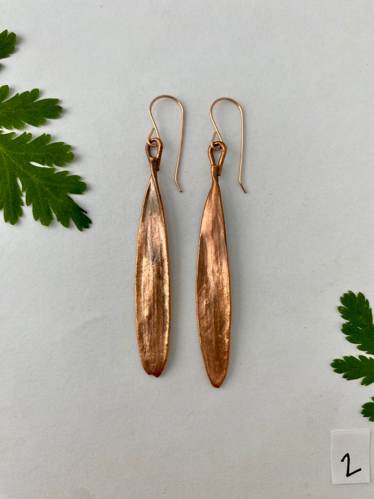 recycled copper electroplated real paper bark eucalyptus earrings leaves 14 karat rose gold made in usa simple wealth art