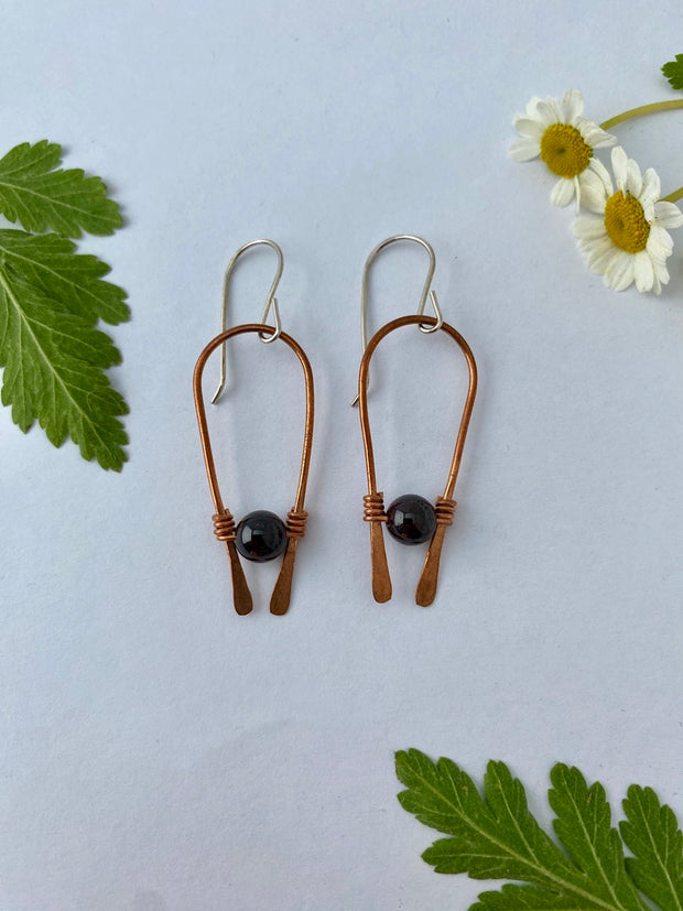 recycled copper natural gemstone arch shape drop earrings rose gold sterling silver