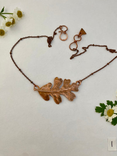 real oak leaf recycled copper electroplated necklace horizontal statement handmade in usa simple wealth art herbalist environmentalist gift one of a kind