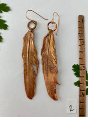 real feather earrings recycled copper electroplated feather earrings handmade 14 karat rose gold ear wires made in usa simple wealth art