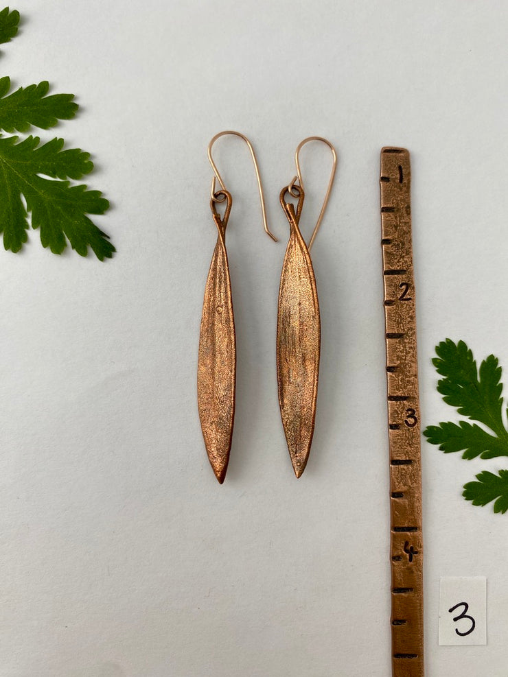 recycled copper electroplated real paper bark eucalyptus earrings leaves 14 karat rose gold made in usa simple wealth art