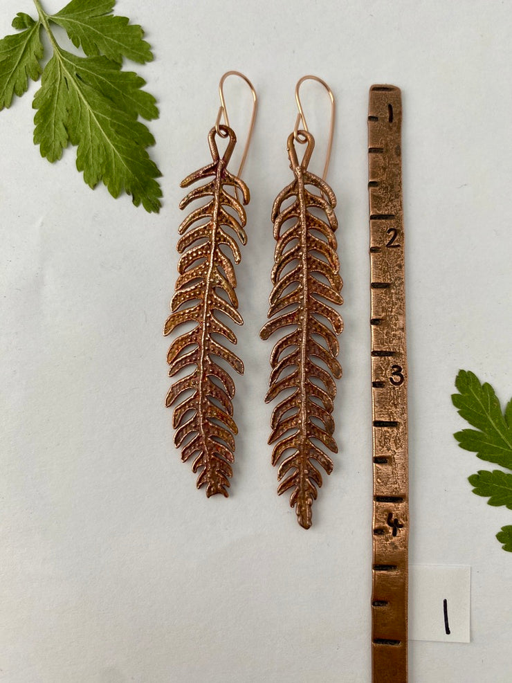 wood fern recycled copper 14 karat gold real plant earrings made in usa simple wealth art