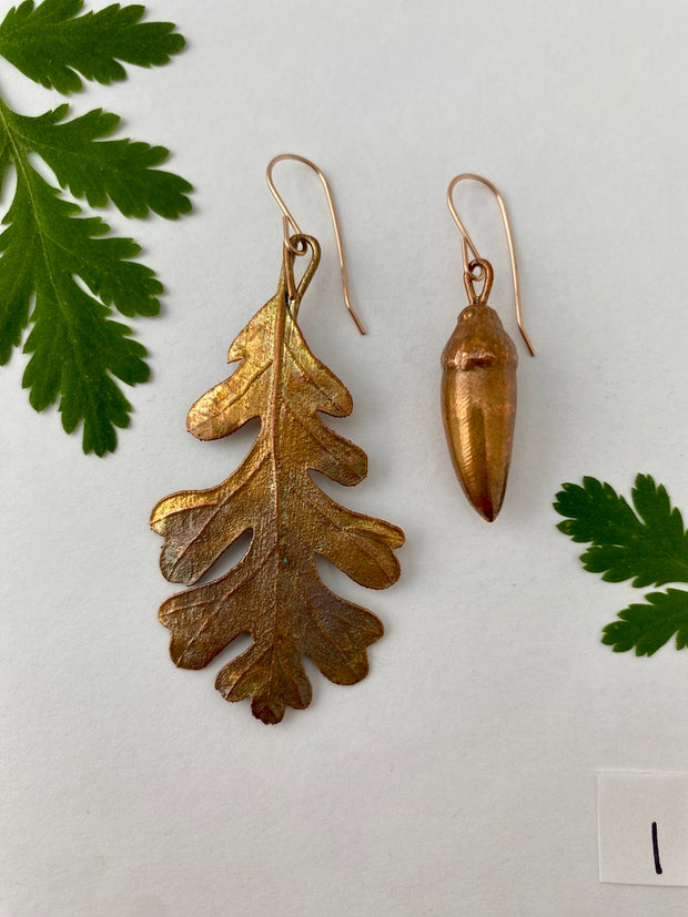 Recycled copper black oak or coastal oak electroplated leaf and real acorn earrings 14 karat gold earwire simple wealth art made in usa