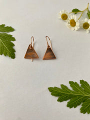 Recycled copper upcycled brass drum cymbal tiny triangle earrings 14 k rose gold handmade in usa simple wealth art
