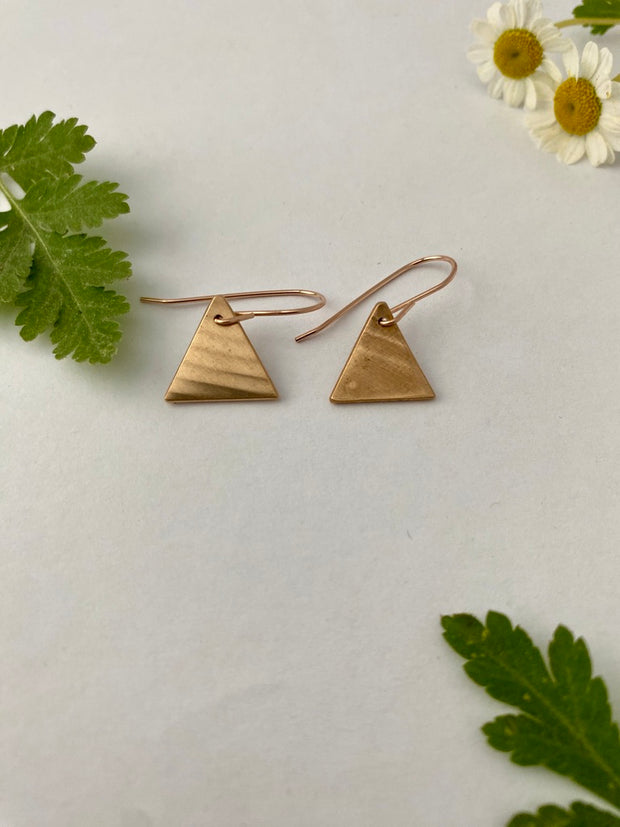 Recycled copper upcycled brass drum cymbal tiny triangle earrings 14 k rose gold handmade in usa simple wealth art