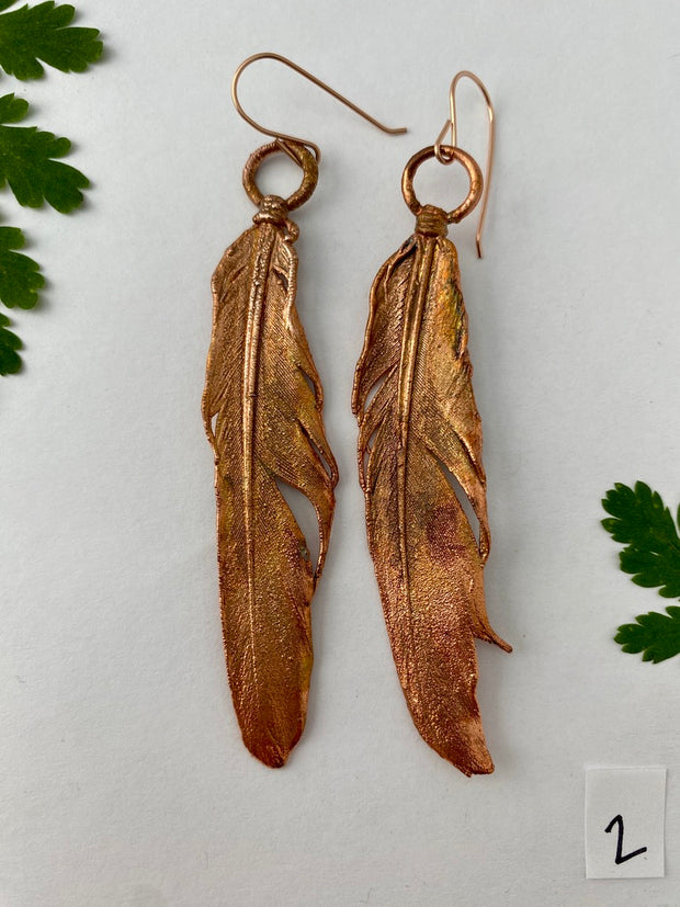 real feather earrings recycled copper electroplated feather earrings handmade 14 karat rose gold ear wires made in usa simple wealth art