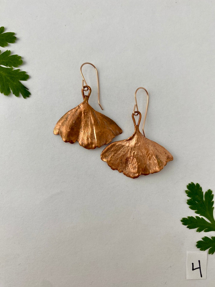 Recycled copper electroplated ginkgo leaf earrings 14 karat rose gold made in usa simple wealth art