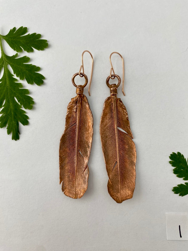 real feather earrings recycled copper electroplated feather earrings handmade 14 karat rose gold ear wires made in usa simple wealth art