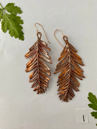 recycled copper electroformed redwood leaf 14 karat gold earrings simple wealth art made in usa
