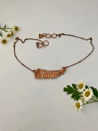 real fern electroplated recycled copper horizontal necklace simple wealth art made in usa herbalist gift western bracken fern licorice fern mother fern