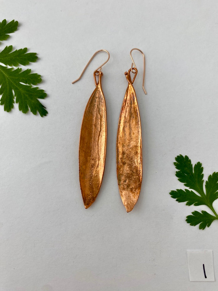 recycled copper electroplated real paper bark eucalyptus earrings leaves 14 karat rose gold made in usa simple wealth art