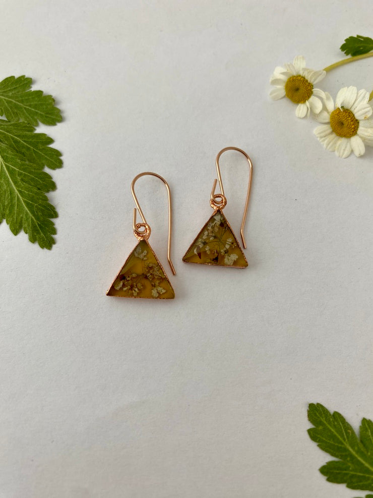 tiny world floral earrings Rose gold recycled copper electroplated dried flower earrings made in usa simple wealth art