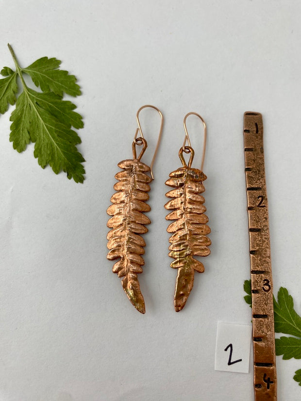 real fern leaf earrings electroplated with recycled copper ans 14 karat gold by simple wealth art made in usa