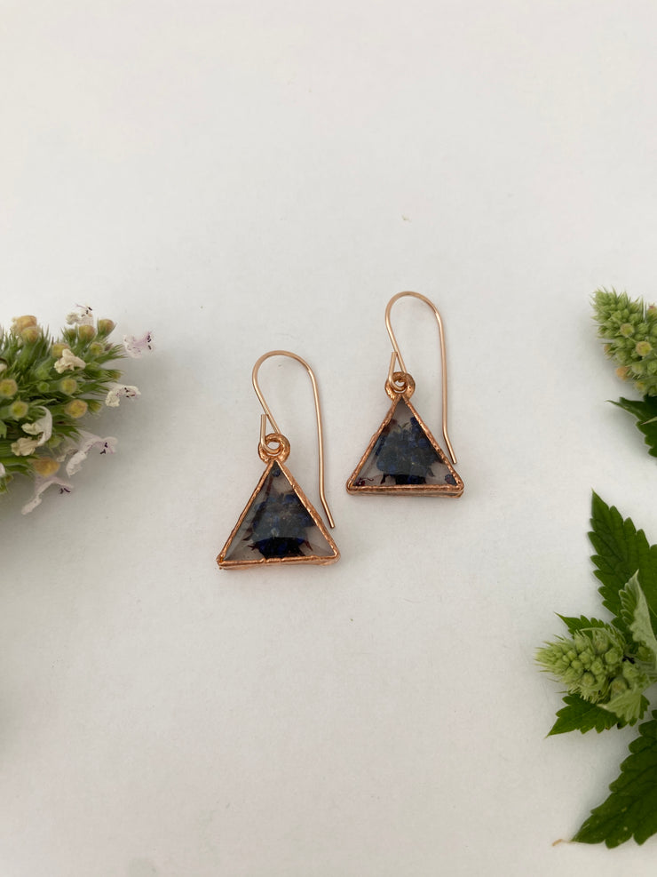 Tiny world earrings recycled copper electroplated ceanothus dried flower resin 12 karat rose gold