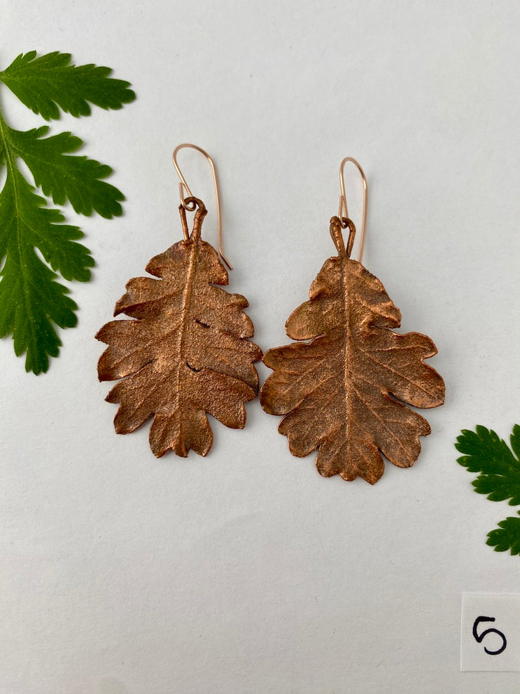 recycled copper electroformed oak leaf earrings valley oak coast oak live oat garry oak rose gold simple wealth art made in usa