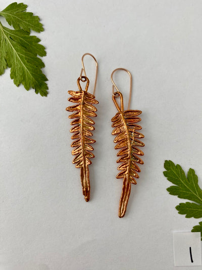 real fern leaf earrings electroplated with recycled copper ans 14 karat gold by simple wealth art made in usa