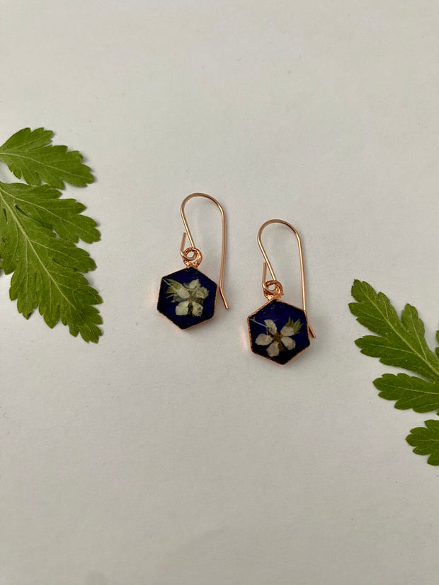 tiny world floral earrings Rose gold recycled copper electroplated dried flower earrings made in usa simple wealth art