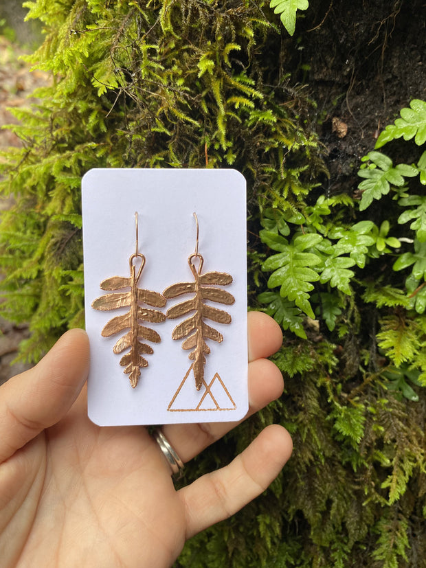 real licorice fern electroplated earrings recycled copper rose gold made in usa simple wealth art