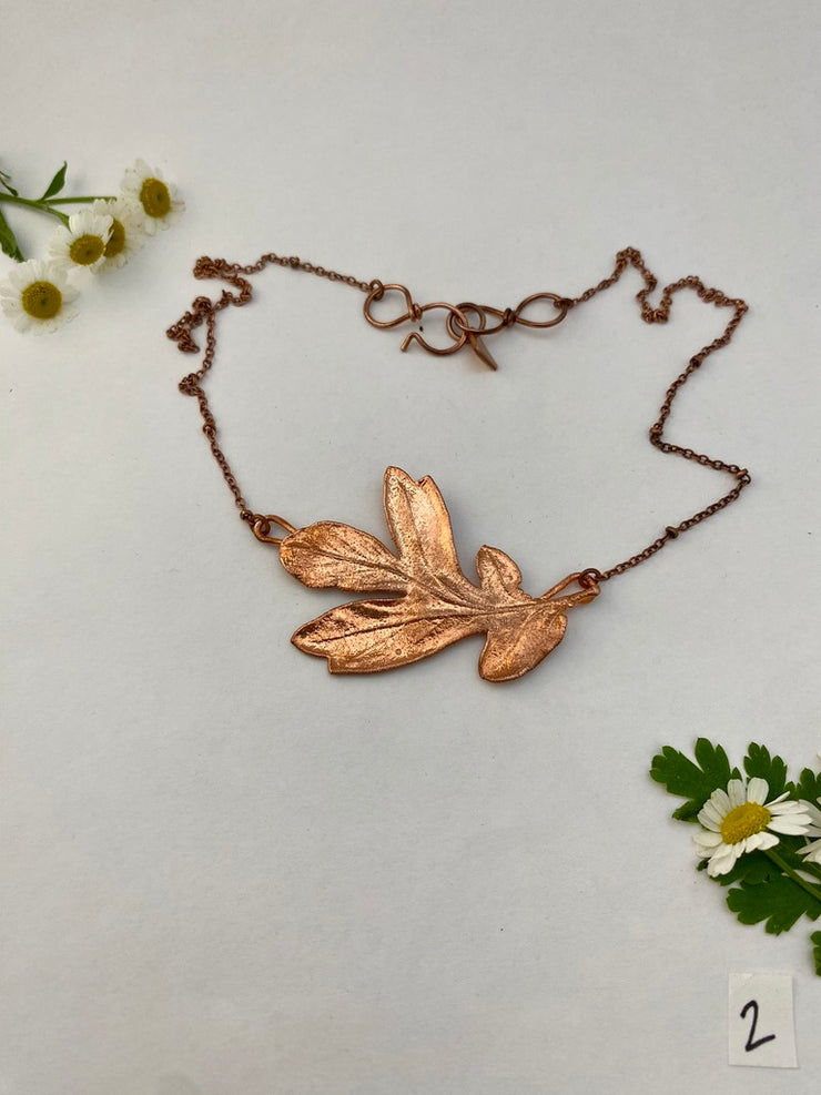 real oak leaf recycled copper electroplated necklace horizontal statement handmade in usa simple wealth art herbalist environmentalist gift one of a kind