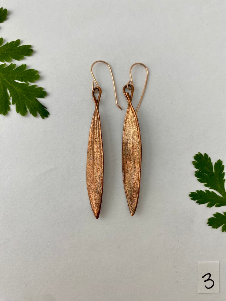 recycled copper electroplated real paper bark eucalyptus earrings leaves 14 karat rose gold made in usa simple wealth art