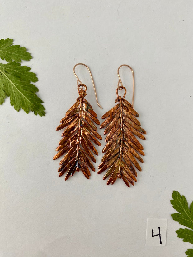 recycled copper electroformed redwood leaf 14 karat gold earrings simple wealth art made in usa