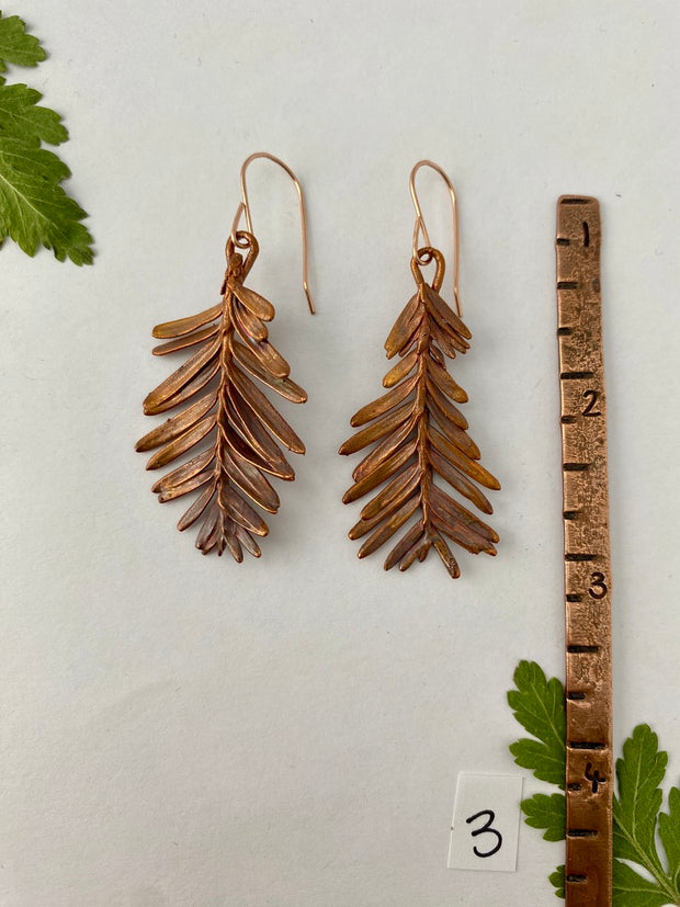 recycled copper electroformed redwood leaf 14 karat gold earrings simple wealth art made in usa