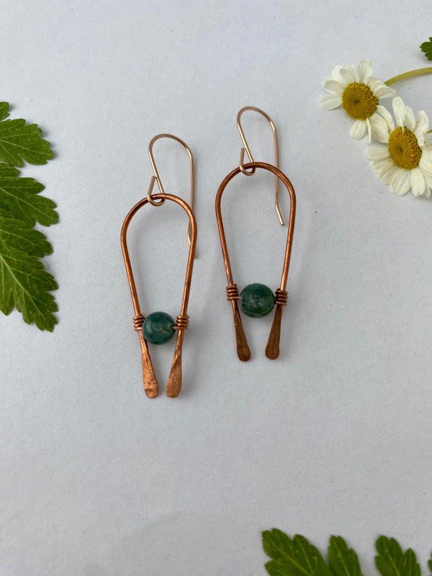 recycled copper natural gemstone arch shape drop earrings rose gold sterling silver