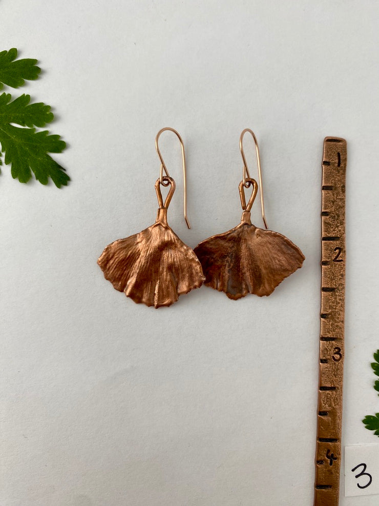 Recycled copper electroplated ginkgo leaf earrings 14 karat rose gold made in usa simple wealth art