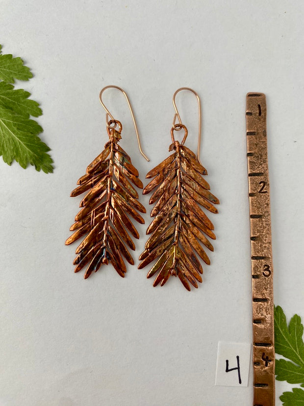 recycled copper electroformed redwood leaf 14 karat gold earrings simple wealth art made in usa