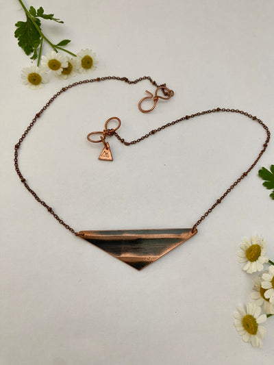 Isosceles triangle necklace recycled brass drum cymbal copper pipe upcycle simple wealth art made in use
