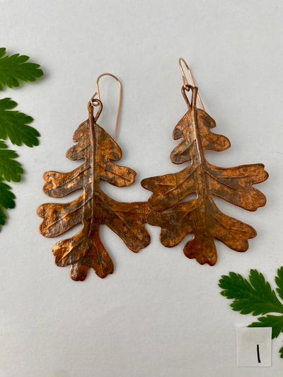 recycled copper electroformed oak leaf earrings valley oak coast oak live oat garry oak rose gold simple wealth art made in usa