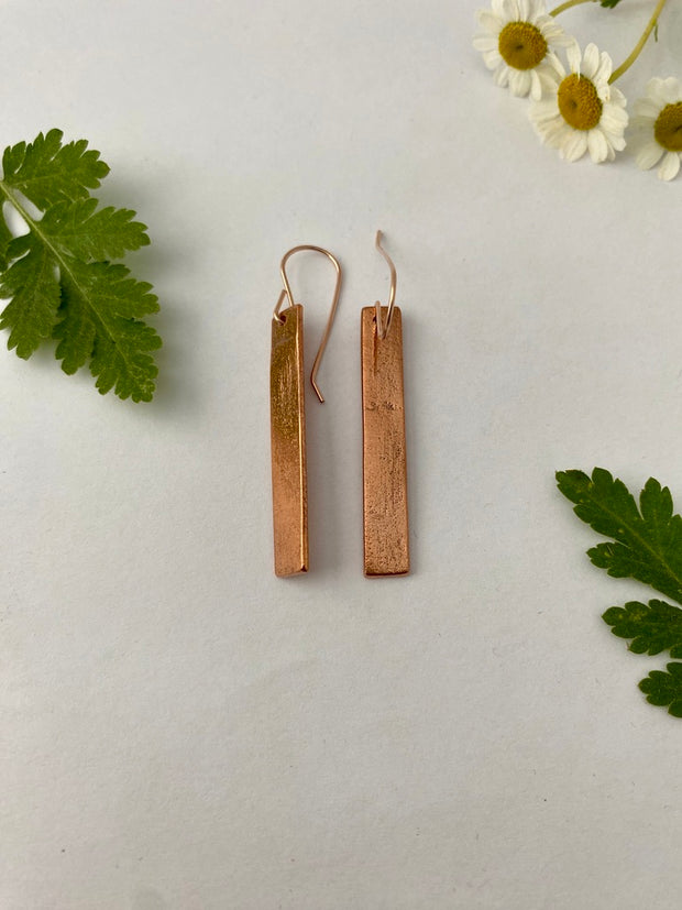 recycled copper brass drum cymbal handmade bar earrings 14 karat rose gold fill simple wealth art made in usa