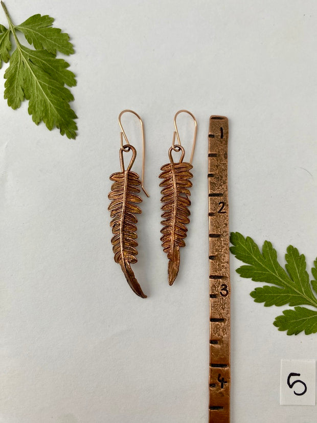 real fern leaf earrings electroplated with recycled copper ans 14 karat gold by simple wealth art made in usa