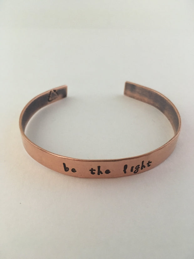 be the light hand stamped recycled copper affirmation bracelet