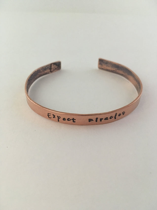 expect miracles hand stamped recycled copper mantra cuff upcycled pipe simple wealth gabby bernstein