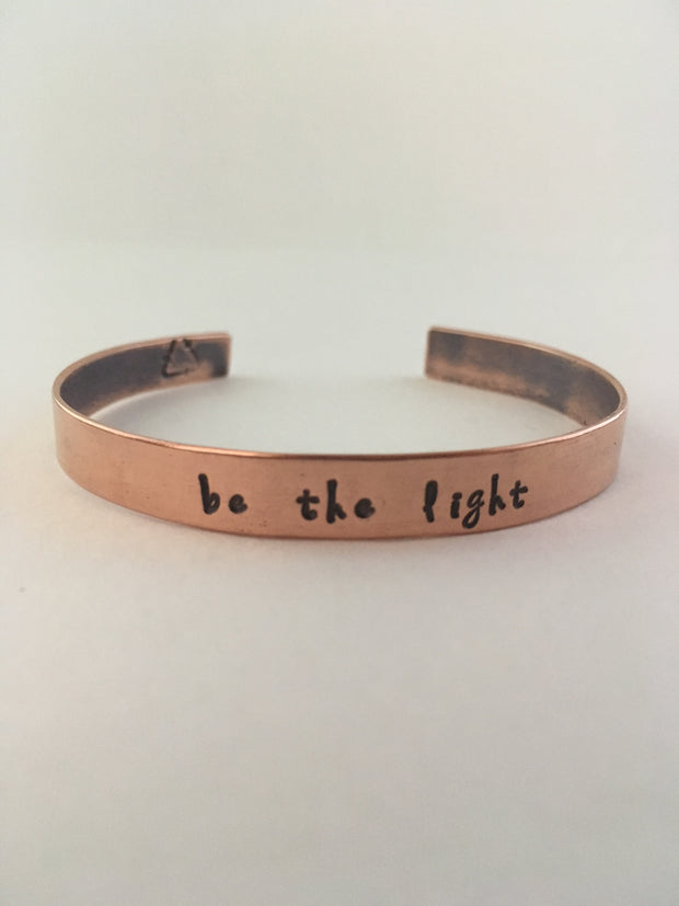 be the light hand stamped recycled copper affirmation bracelet