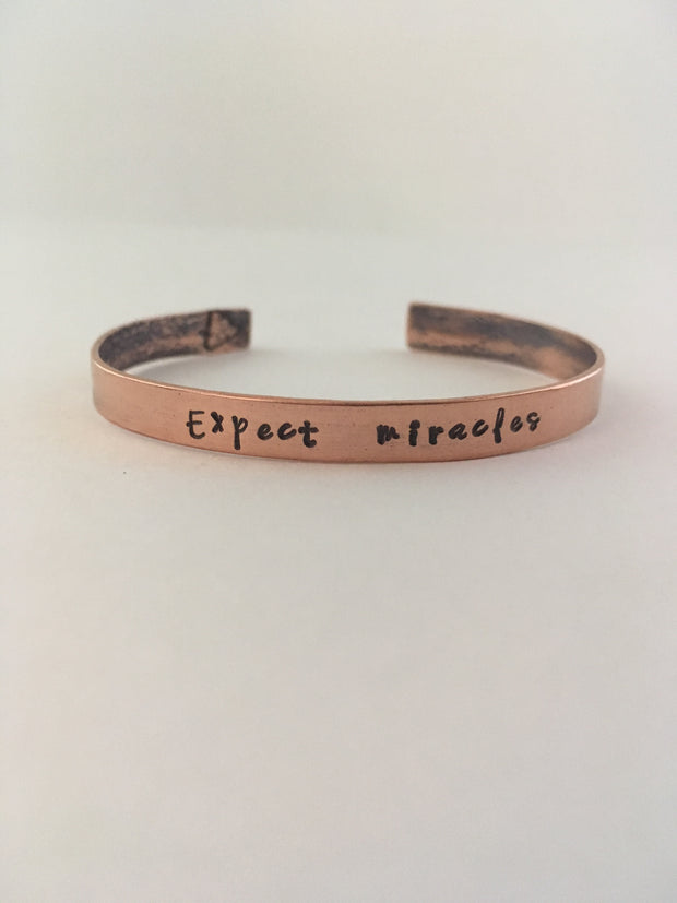 expect miracles hand stamped recycled copper mantra cuff upcycled pipe simple wealth gabby bernstein